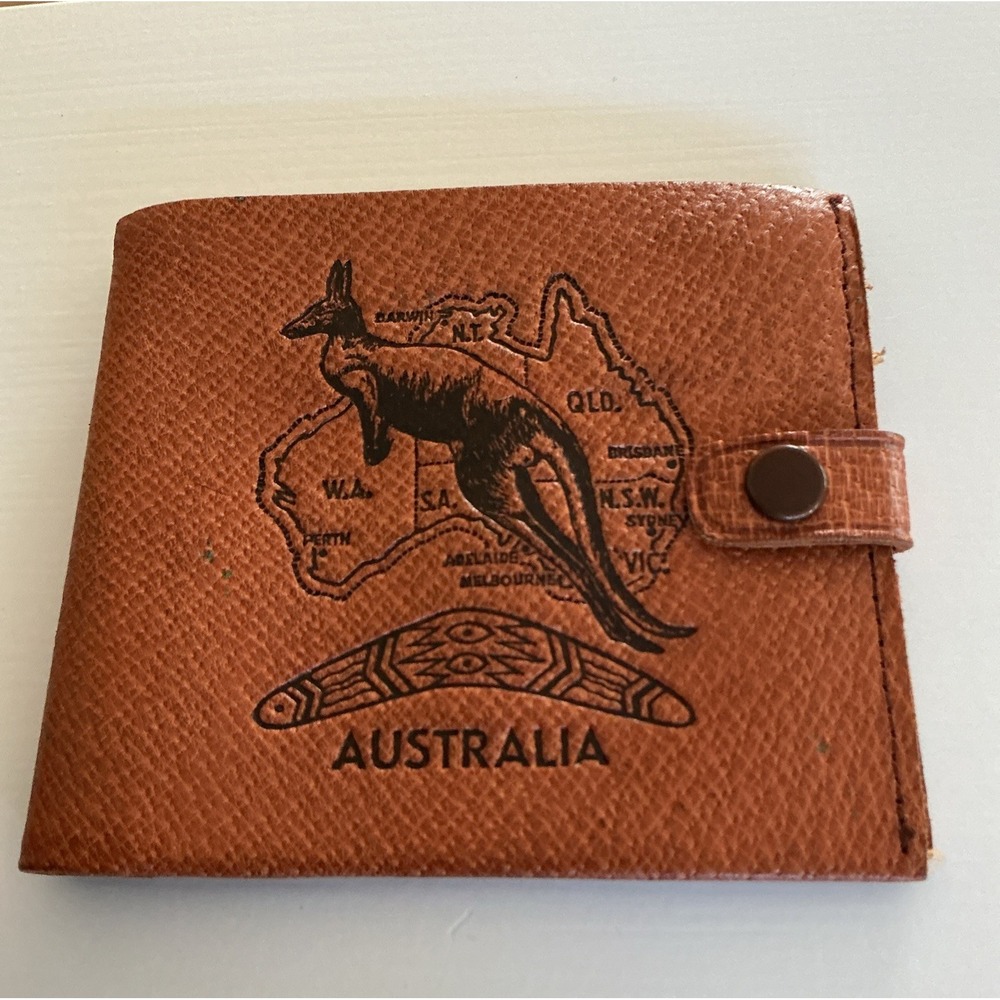 Vintage Brown Leather BiFold Wallet Australia Kangaroo Souvenir Genuine Pigskin
